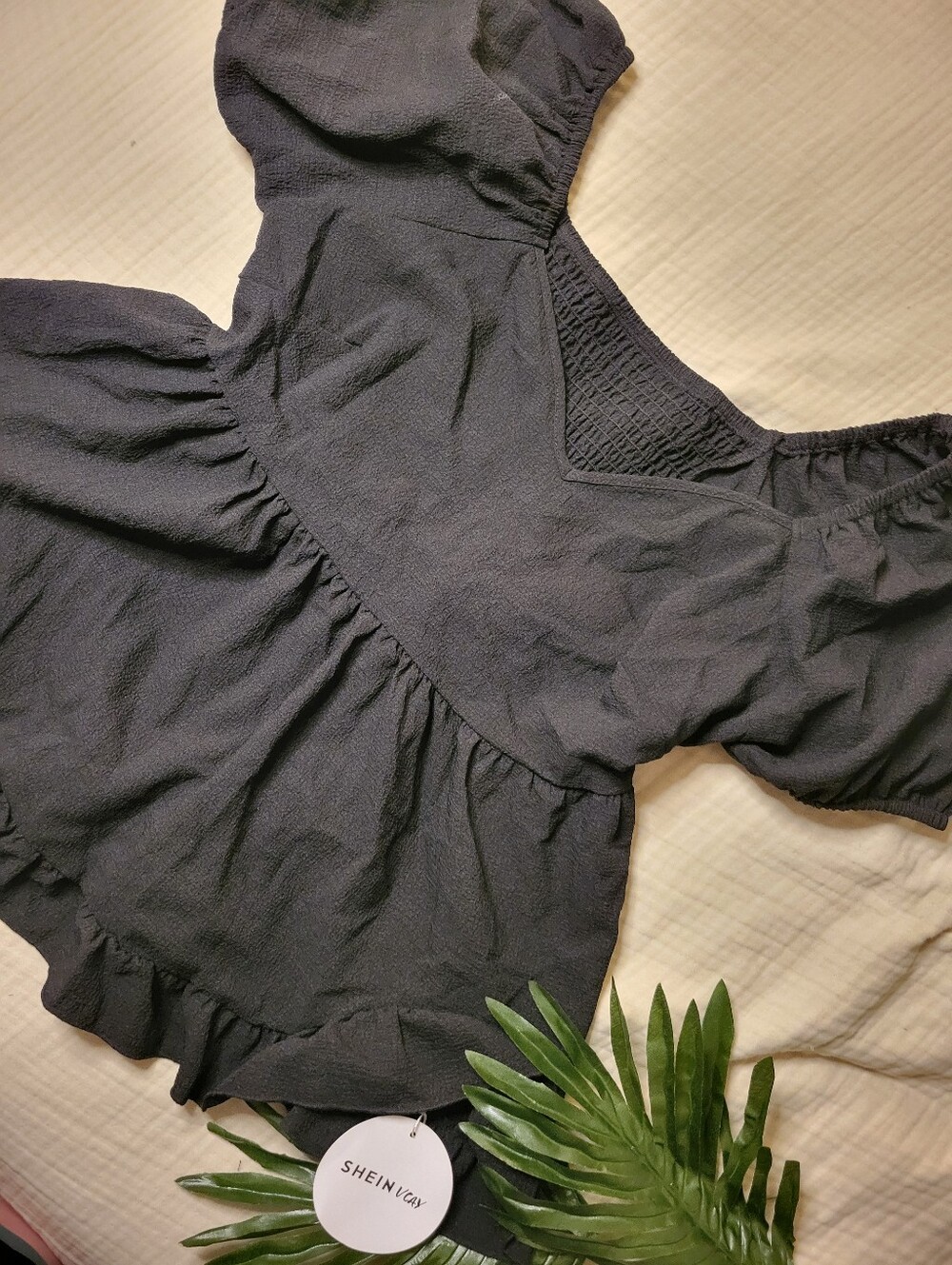 SHEIN Black Smocked Square-Neck Ruffle Blouse